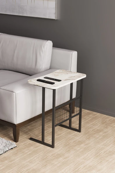 interGO Metal Ayaklı Laptop Sehpası Koltuk Sehpası Kahvaltı Masası Çalışma Sehpası - Beyaz Mermer Desenli - 7