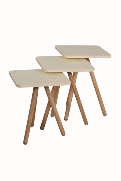 interGO Üçlü Zigon Sehpa Ahşap Ayaklı Kare Tasarım Krem - 4