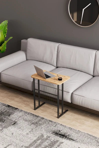 interGO Metal Ayaklı Laptop Sehpası Koltuk Sehpası Kahvaltı Masası Çalışma Sehpası - Atlantik Çam Desenli - Resim 5