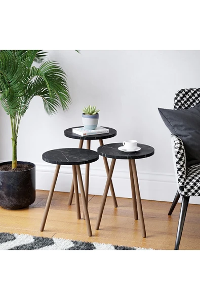 interGO Üçlü Zigon Sehpa Ahşap Ayaklı Yuvarlak Mermer Desenli Tasarım Bendir