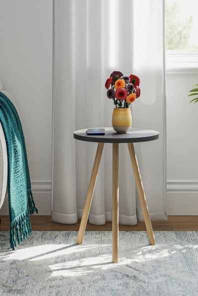 interGO Yuvarlak Yan Sehpa Ahşap Ayaklı Tekli Zigon Sehpa - 3