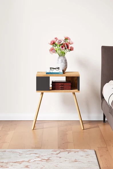 interGO Ahşap Ayaklı Dekoratif Raflı Komodin - Atlantik Çam - Antrasit Gri - 3