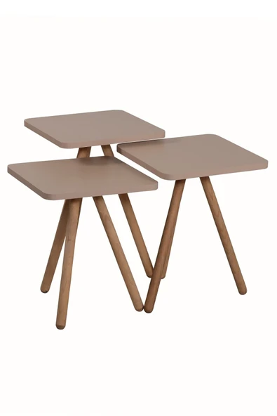 interGO Üçlü Zigon Sehpa Ahşap Ayaklı Kare Tasarım Cappuccino - Resim 3