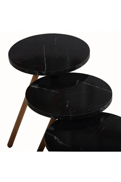 interGO Üçlü Zigon Sehpa Ahşap Ayaklı Yuvarlak Mermer Desenli Tasarım Bendir - 4