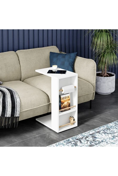 interGO Tekerlekli Yan Sehpa Rulo Havlu Takılabilir Koltuk Sehpası C Sehpa Zigon Sehpa - Beyaz ürün görseli