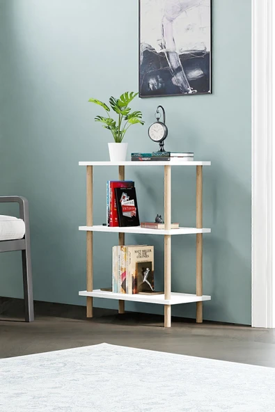 interGO Dekoratif 3 Raflı Ahşap Ayaklı Kitaplık Yan Sehpa - 2