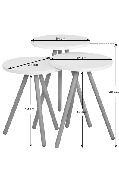 interGO Renkli Üçlü Zigon Sehpa Ahşap Ayaklı Yuvarlak Pastel Tasarım Sarı Krem Cappuccino - Resim 6
