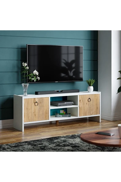 interGO Tv Sehpası Kapaklı Raflı Tv Ünitesi Televizyon Sehpası - Beyaz - Atlantik Çam ürün görseli