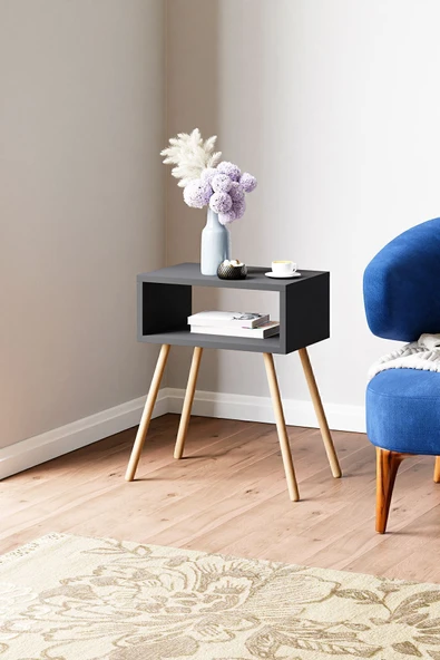 interGO Ahşap Ayaklı Raflı Komodin - Antrasit Gri - 2