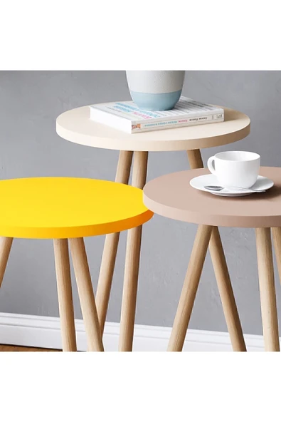 interGO Renkli Üçlü Zigon Sehpa Ahşap Ayaklı Yuvarlak Pastel Tasarım Sarı Krem Cappuccino - Resim 2