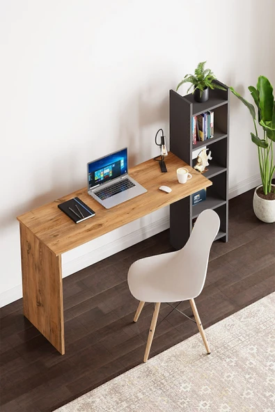 interGO Kitaplıklı Fonksiyonel Çalışma Masası - Atlantik Çam - Antrasit Gri - 2