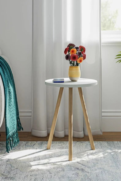 interGO Yuvarlak Yan Sehpa Ahşap Ayaklı Tekli Zigon Sehpa - 2