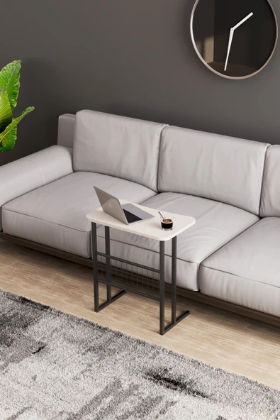 interGO Metal Ayaklı Laptop Sehpası Koltuk Sehpası Kahvaltı Masası Çalışma Sehpası - Krem - Resim 5