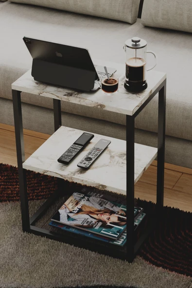 interGO Metal Ayaklı ve Ahşap Raflı Dekoratif Yan Sehpa - 7