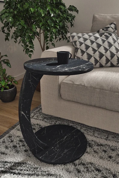 interGO Tekerlekli C Sehpa Koltuk Sehpası Yan Sehpa Zigon Sehpa Servis Sehpası - Siyah Mermer Desen - 4