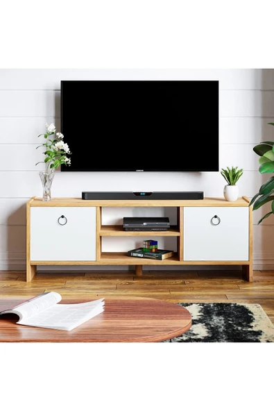 interGO Tv Sehpası Kapaklı Raflı Tv Ünitesi Televizyon Sehpası - Atlantik Çam - Beyaz - 2