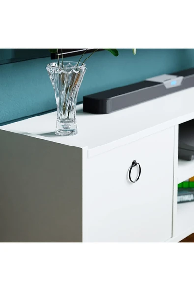 interGO Tv Sehpası Kapaklı Raflı Tv Ünitesi Televizyon Sehpası - Beyaz - Resim 3