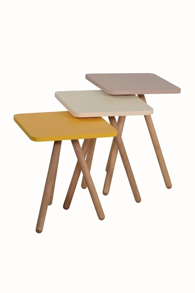 interGO Renkli Üçlü Zigon Sehpa Ahşap Ayaklı Kare Pastel Tasarım Sarı Krem Cappuccino - 4