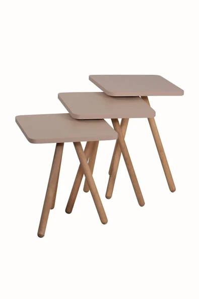 interGO Üçlü Zigon Sehpa Ahşap Ayaklı Kare Tasarım Cappuccino - Resim 4