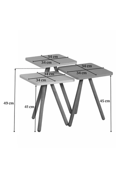 interGO Renkli Üçlü Zigon Sehpa Ahşap Ayaklı Kare Pastel Tasarım Gri Beyaz Cappuccino - Resim 4