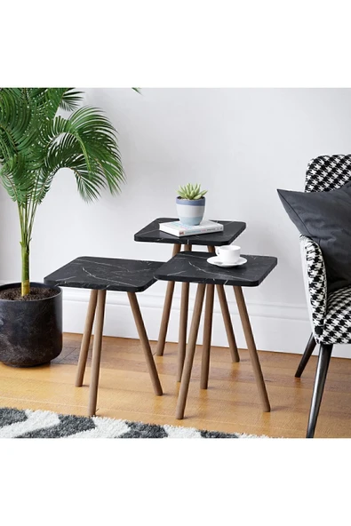 interGO Üçlü Zigon Sehpa Ahşap Ayaklı Kare Tasarım Siyah Mermer Desenli