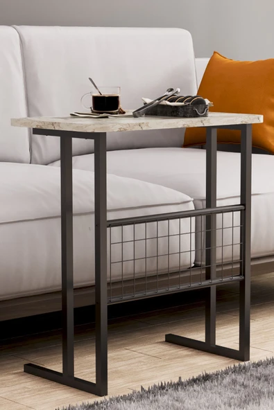 interGO Metal Ayaklı Laptop Sehpası Koltuk Sehpası Kahvaltı Masası Çalışma Sehpası - Beyaz Mermer Desenli - 6