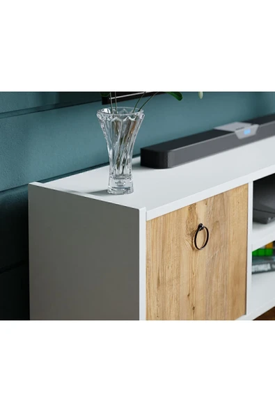 interGO Tv Sehpası Kapaklı Raflı Tv Ünitesi Televizyon Sehpası - Beyaz - Atlantik Çam - Resim 3