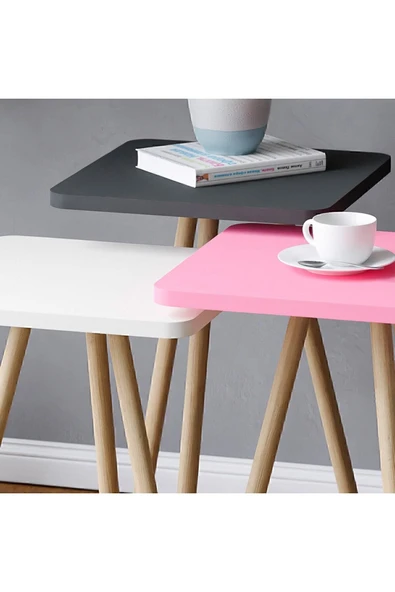 interGO Renkli Üçlü Zigon Sehpa Ahşap Ayaklı Kare Pastel Tasarım Pembe Beyaz Gri - 2