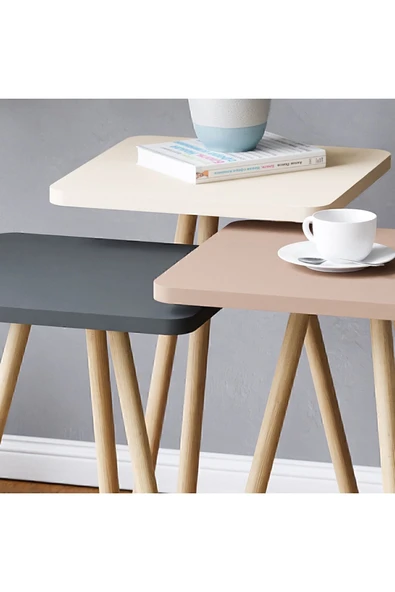 interGO Renkli Üçlü Zigon Sehpa Ahşap Ayaklı Kare Pastel Tasarım Gri Krem Cappuccino - 2