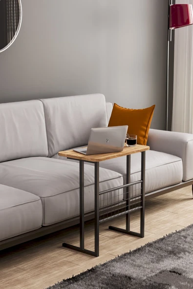 interGO Metal Ayaklı Laptop Sehpası Koltuk Sehpası Kahvaltı Masası Çalışma Sehpası - Atlantik Çam Desenli - Resim 2