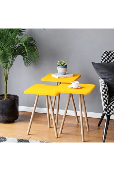 interGO Üçlü Zigon Sehpa Ahşap Ayaklı Kare Tasarım - Sarı