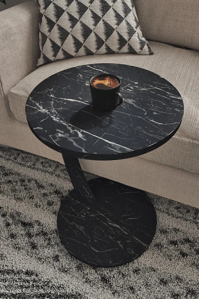 interGO Tekerlekli C Sehpa Koltuk Sehpası Yan Sehpa Zigon Sehpa Servis Sehpası - Siyah Mermer Desen - 3