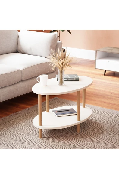 interGO Orta Sehpa Oval Ahşap Ayaklı Iki Katlı Gazetelikli - Beyaz