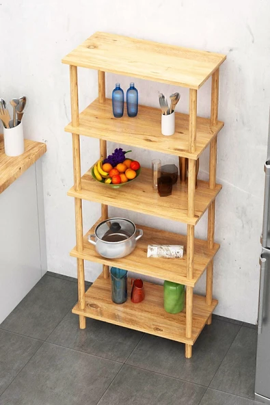 interGO Dekoratif 5 Raflı Ahşap Ayaklı Kitaplık - Atlantik Çam - 3