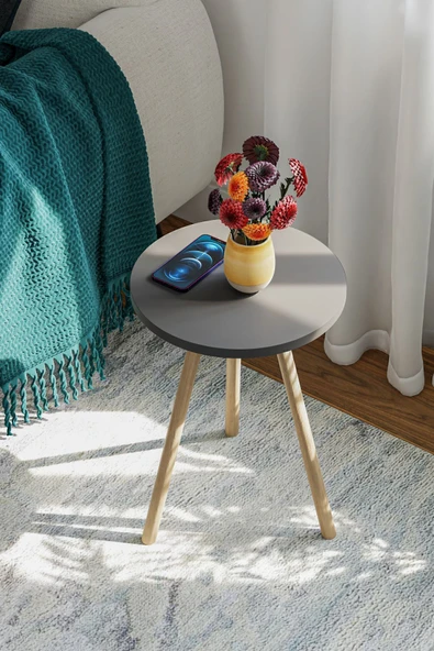 interGO Yuvarlak Yan Sehpa Ahşap Ayaklı Tekli Zigon Sehpa