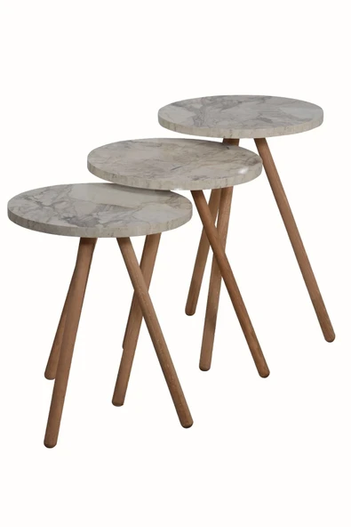 interGO Üçlü Zigon Sehpa Ahşap Ayaklı Yuvarlak Mermer Desenli Tasarım Efes - 3