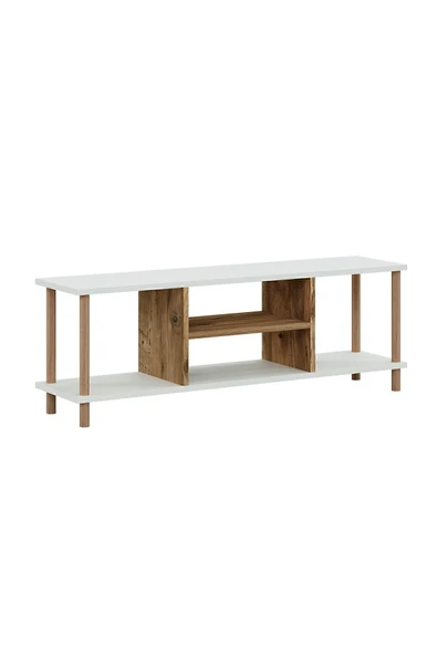 interGO Tv Sehpası Raflı Tv Ünitesi Televizyon Sehpası Ahşap Ayaklı Beyaz - Çam Raflı - 2