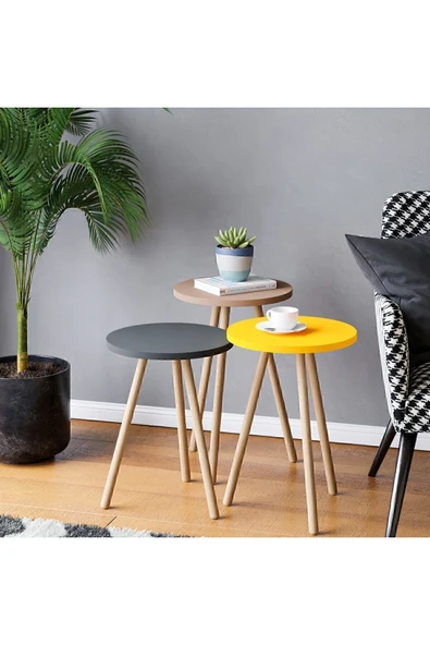 interGO Renkli Üçlü Zigon Sehpa Ahşap Ayaklı Yuvarlak Pastel Tasarım Gri Sarı Cappuccino