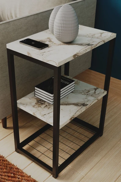 interGO Metal Ayaklı ve Ahşap Raflı Dekoratif Yan Sehpa