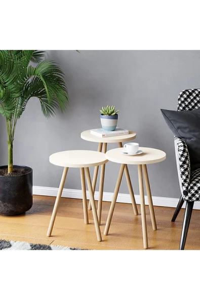 interGO Renkli Üçlü Zigon Sehpa Ahşap Ayaklı Yuvarlak Pastel Tasarım Krem