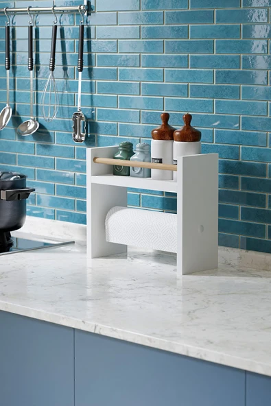 interGO Rulo Havlu Takılabilir Baharatlık Standı Tezgah Üstü Düzenleyici Ahşap Raf - Beyaz