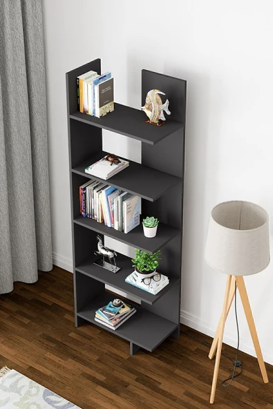 interGO Asimetrik Beş Raflı Kitaplık - Antrasit Gri - 3