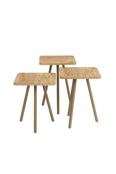 interGO Üçlü Zigon Sehpa Ahşap Ayaklı Kare Tasarım Çam Desenli - 2