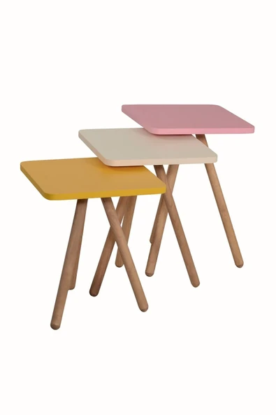 interGO Renkli Üçlü Zigon Sehpa Ahşap Ayaklı Kare Pastel Tasarım Sarı Krem Pembe - 4