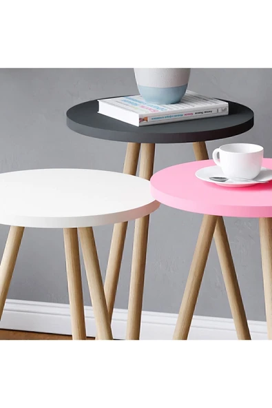 interGO Renkli Üçlü Zigon Sehpa Ahşap Ayaklı Yuvarlak Pastel Tasarım Pembe Beyaz Gri - Resim 2