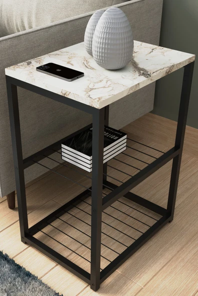 interGO Metal Ayaklı Dekoratif Tel Raflı Yan Sehpa