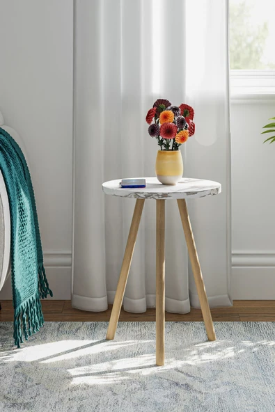 interGO Yuvarlak Yan Sehpa Ahşap Ayaklı Tekli Zigon Sehpa - 2