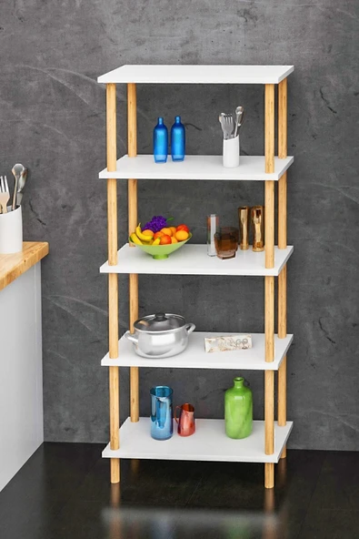 interGO Dekoratif 5 Raflı Ahşap Ayaklı Kitaplık - Beyaz - 4