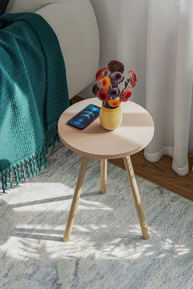 interGO Yuvarlak Yan Sehpa Ahşap Ayaklı Tekli Zigon Sehpa