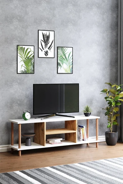 interGO Tv Sehpası Raflı Tv Ünitesi Televizyon Sehpası Ahşap Ayaklı Beyaz - Çam Raflı
